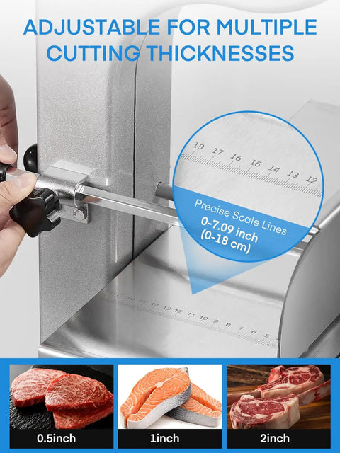 Beefy 1500W Meat And Bone Bandsaw With ETL Approved showing adjustable cutting thickness scale and meat examples