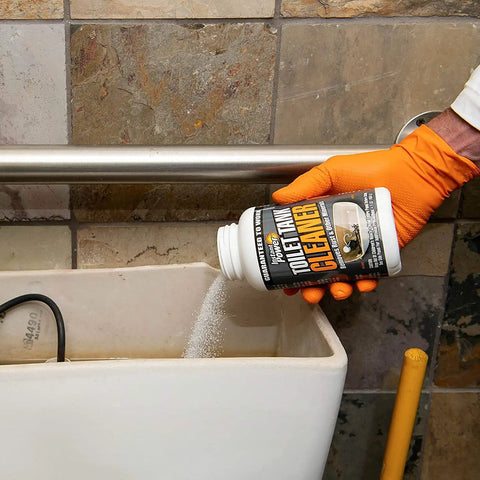 Person pouring Powerful Toilet Tank Cleaner Powder With Citric Acid Removes Rust And Mineral Build Up No Scrub Needed For A Sparkling Bathroom Tank 16 Oz Fast Acting Formula Keeps Your Tank Fresh And Clean into toilet tank