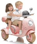 Children riding 12V Dual Motor Kids Ride On Motorcycle With Storage Compartments, 2 Seater Pink Toy ATV, USB Bluetooth Music