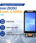 Tough As Nails Windows 10 Pro Rugged Handheld Terminal Featuring Intel Cherry Trail Chipset 4G Lte Gps Wifi Bluetooth 5.5 Inch Display IP65 Waterproof Mil Standard Battery Life Built For Heavy Duty Field Work And Warehouse Inventory Tracking with Intel Z8350, 4GB RAM, and 64GB storage.