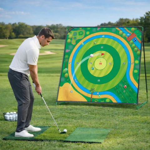 Golfer using Ultra Large 70x70 Inch Golf Chipping Net for backyard practice with 40 training balls and 3 turf hitting mat.
