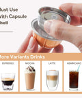 Reusable Stainless Steel Coffee Pods Kit for Nespresso Vertuo Next Plus POP VertuoLine Three Aluminum Shells shown with drinks