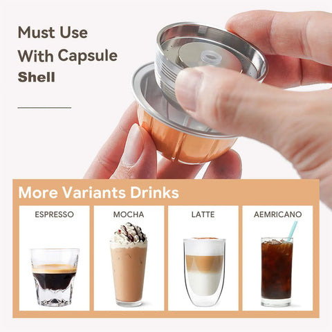Reusable Stainless Steel Coffee Pods Kit for Nespresso Vertuo Next Plus POP VertuoLine Three Aluminum Shells shown with drinks
