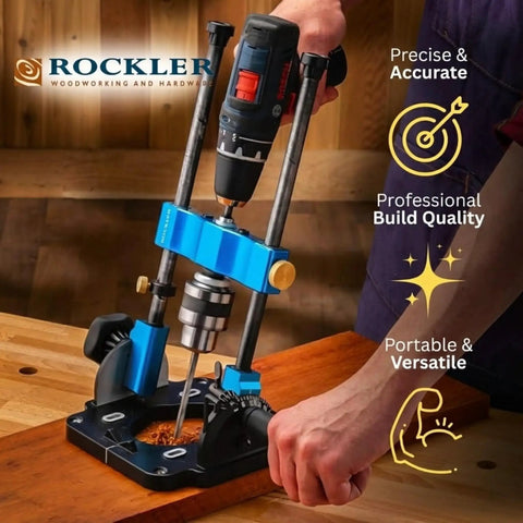 Handy Drill Guide For Hand Drills Portable Drill Press Adapter With 0 To 60 Degree Adjustable Angle in use on wooden surface