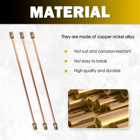 3 By 16 Inch Flexible Rear Brake Line Kit showing copper-nickel tubes and connectors, highlighting material and durability features.