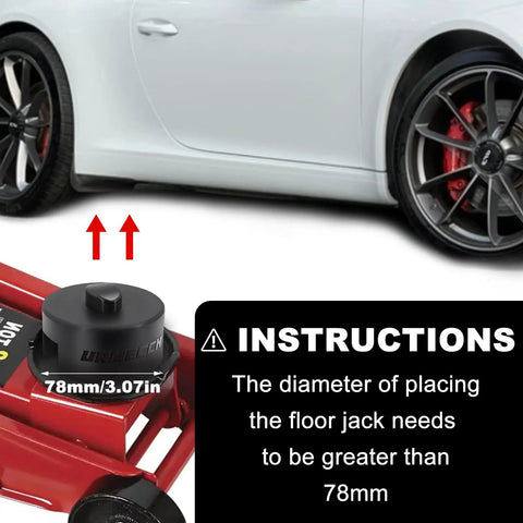 Durable Rubber Jack Pad Set For Porsche 911 964 991 993 996 Turbo 997 Cayman Boxster Safe Lift And Underbody Jacking Dual Use Puck Adapters 2 Pack For Easy Home Garage Lifting with size instructions next to Porsche wheel and floor jack