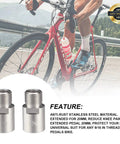 Heavy Duty Chrome Molybdenum Steel Bicycle Pedal Extenders 1 Pair Fits Nine Sixteenth Inch Threaded Pedals For SPD MT MTB BMX Road Street Bikes And Cruisers with background cyclist on road bike.