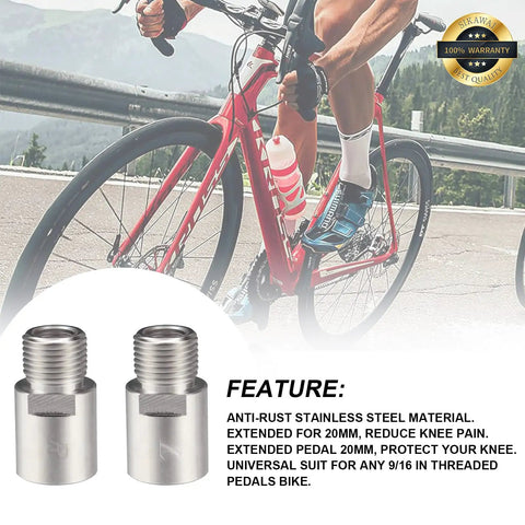Heavy Duty Chrome Molybdenum Steel Bicycle Pedal Extenders 1 Pair Fits Nine Sixteenth Inch Threaded Pedals For SPD MT MTB BMX Road Street Bikes And Cruisers with background cyclist on road bike.
