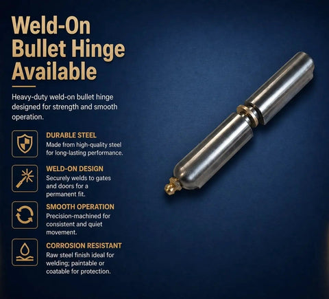 Heavy Duty Weld On Bullet Hinge In Tough As Nails Steel Build With Quick Grease Zerk Fittings For Serious Gate Hardware That Crushes Weight Load And Stays Rock Solid At Six Inches, featuring brass bushing.