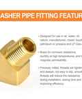 Two Pack 45 Degree Street Elbow Brass Pipe Fittings Half Inch NPT Female To Half Inch NPT Male with text about features and uses