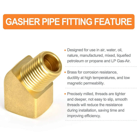 Two Pack 45 Degree Street Elbow Brass Pipe Fittings Half Inch NPT Female To Half Inch NPT Male with text about features and uses