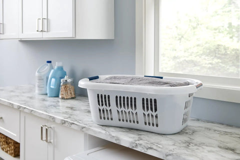 Hip Hugger Laundry Basket With Easy One Hand Carry Grip One And A Half Bushel White Hamper on laundry room counter.