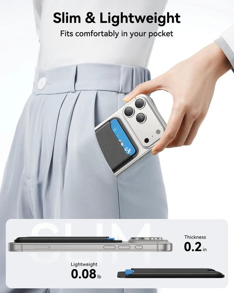 Person inserting MagSafe Wallet For iPhone 12 13 14 15 16 17 Pro Max And Plus Air Series into pocket, highlighting slim design.