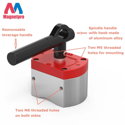 Switchable Magnetic Lifting Magnet With 660 Lb Pull Off Force For Lifting Welding Positioning Automation Liquid Filtration And Metal Separation A Heavy Duty Tool For Industrial Jobs with removable handle and threaded holes, red and silver design.