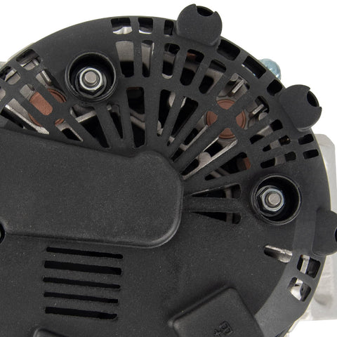 Rear view of Alternator Replacement That Delivers Solid Charging Power For 2003 To 2007 Saturn Ion Vue 2.2L L4 And 2002 To 2005 Chevy Cavalier Malibu Classic Alero 13944N 12V 105Amp CW 5 Groove Pulley showing vents and connectors