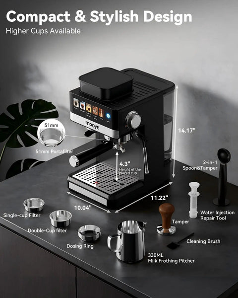 Espresso Machine With Grinder And Steam Frother For Home Use 20 Bar Pressure Compact Coffee Maker For Cappuccino Latte