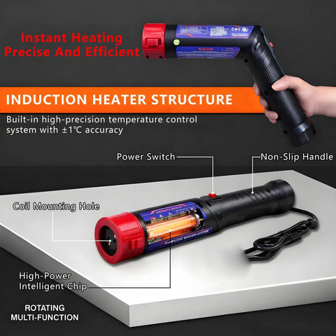 Heavy Duty Magnetic Induction Heater Bolt Removal Tool One Hand Operated 1700 Watt 4 Coil Compact Design with power switch and non-slip handle.