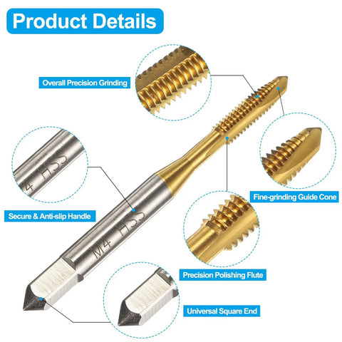 Close-up of 14 Piece Spiral Point Tap Set for Metric Threads M2 to M6 Titanium Coated High Speed Steel Taps features.