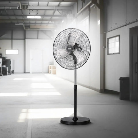 Boss Level Airflow Pedestal Floor Fan With 18 Inch Blade, 90 Degree Oscillation on adjustable stand in industrial setting