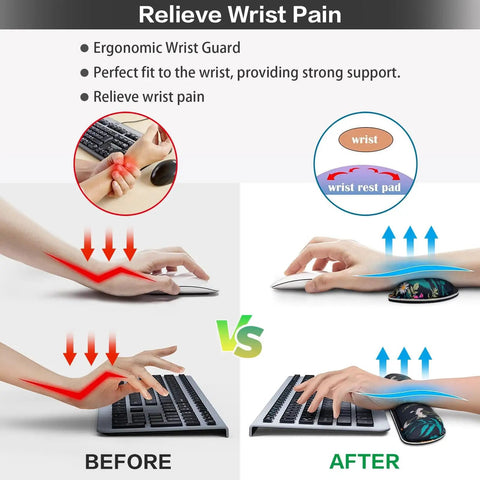 Comparison of hand positioning before and after using the Huge 4-In-1 XXL Desk Pad Set With Wrist Rest, showcasing ergonomic benefits.