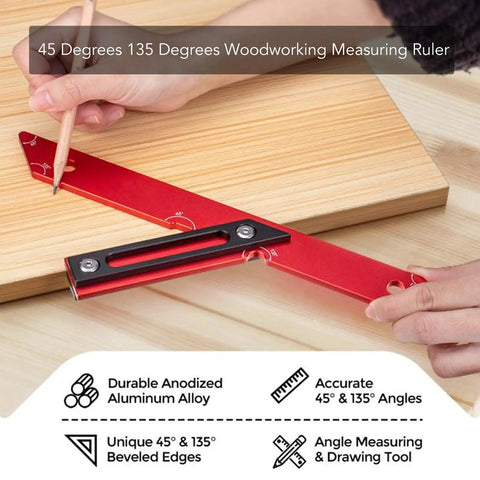 Dual Angle 45 And 135 Degree Woodworking Ruler Rugged Pro Grade Aluminum Carpenter Measuring Tool in use on wood