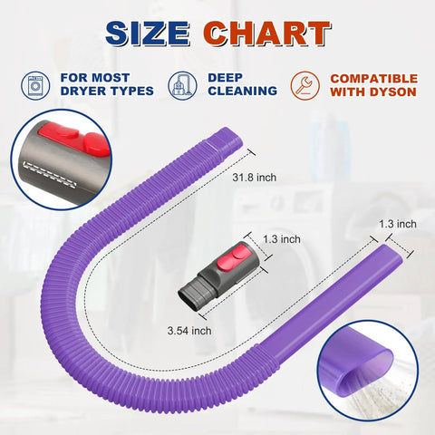 Dyson Compatible Dryer Lint Vacuum Attachment Hose, Flexible Dryer Vent Cleaner Kit dimensions and features on display
