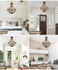 Solid Wood Modern Farmhouse 5 Light Chandelier installed in various interior settings including bedroom, hallway, kitchen, and living room