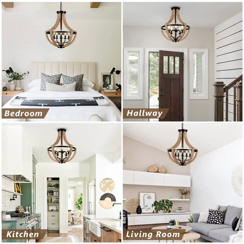 Solid Wood Modern Farmhouse 5 Light Chandelier installed in various interior settings including bedroom, hallway, kitchen, and living room