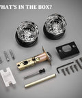 Five Pack Glass Door Knobs With Flat Black Rosettes For Privacy, Interior Door Hardware, components laid out.
