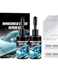 Two Pack Windshield Crack Repair Kit for Chips and Cracks with adhesive bottles, applicator pads, and instructions displayed.