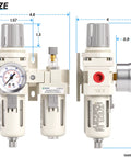 Three Eighths Inch NPT Air Filter Regulator With Water And Oil Separator And Lubricator Cup, side view with size measurements.