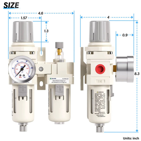 Three Eighths Inch NPT Air Filter Regulator With Water And Oil Separator And Lubricator Cup, side view with size measurements.