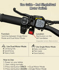 Handlebar of Dual Motor Electric Bike For Adults With 5000W Peak Power showing single/dual motor switch and use guide.