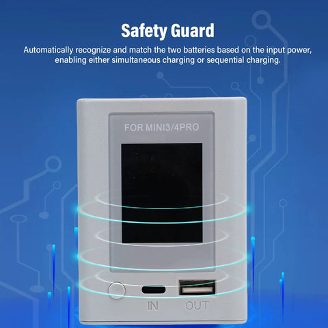 Dual Battery Charger With LCD Display Portable Fast Charging Hub For Two Drone Batteries PD45W Input Compatible With 3 Pro And 4 Pro Drone Batteries And Safety Features showing safety guard screen and ports.