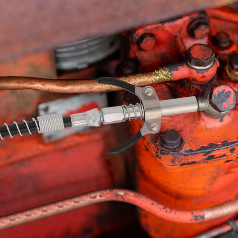 Grease Gun Accessory Kit That Hooks You Up With 18 Inch Spring Flex Hose Normal Coupler And Double Handle Quick Lock Release Coupler Tips Nozzles For All One Eighth Inch NPT Grease Gun Adapter Fittings Ten Thousand PSI attached to machinery