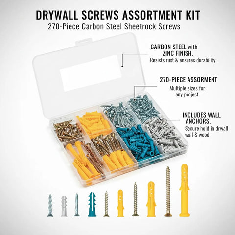 270 Piece Drywall Screw Kit With Carbon Steel Self Tapping Zinc Plated Screws For Wood Studs And Gypsum Panels No Pre Drill Needed