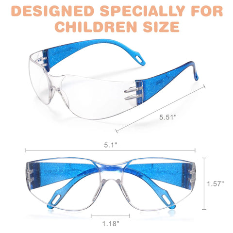 Kid Friendly 24 Pack Safety Glasses With Clear Lenses, Scratch Resistant, ANSI Z87.1 Approved, blue twinkle color frames