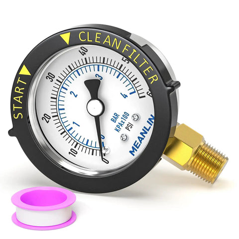 Start and Clean Filter Pressure Gauge 0-60 Psi, 2 Inch Dial, One Quarter Inch NPT, Stainless Steel, Lower Mount With Rotatable Plastic Frame