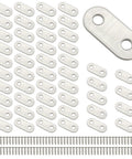 No Fuss Heavy Duty Straight Flat Corner Braces 50 Piece Metal Joining Plates With Mounting Screws arranged on a surface.