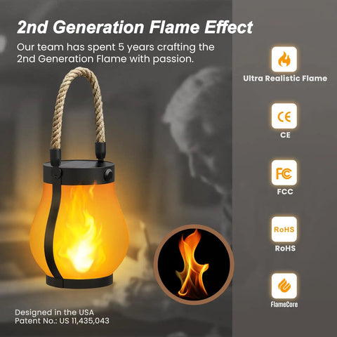 Gen2 Solar Lanterns Outdoor With Ultra Real Flame design feature with rope handle showcasing lifelike flame effect.