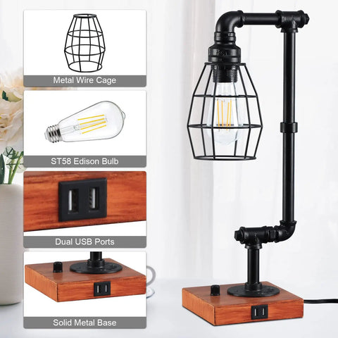 Stepless Dimmable Industrial Nightstand Lamp With Dual USB Ports, Edison Rustic Metal Pipe Look, wood base and metal cage