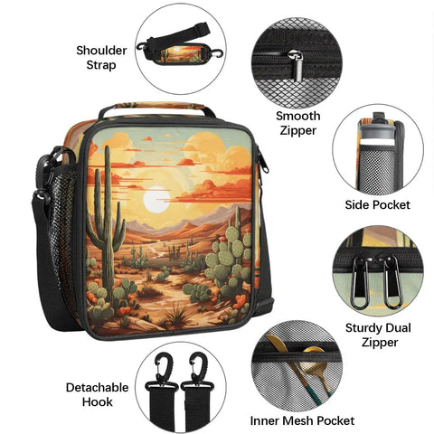 Flower Cactus Desert Insulated Lunch Tote with leakproof waterproof exterior, showing shoulder strap and mesh organizer