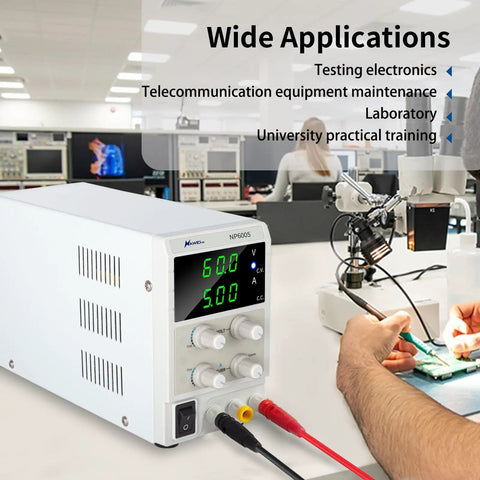 Variable DC Power Supply 60V 5A Bench Lab Power Supply With 3 Digit LED Display on electronic workbench