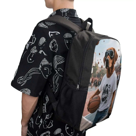 Man wearing Cool Dog With Sunglasses Backpack For Men And Women Durable 600D Polyester Bookbag Lightweight 17 Inch Laptop Daypack