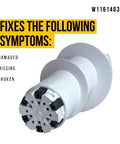 Side view of W11614636 Agitator For Whirlpool Washer Replacement Part Replaces AP7193565 PS16744970 in white, labeled with fixes symptoms.