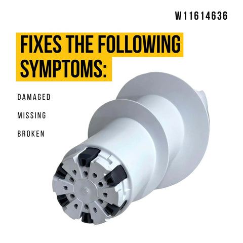 Side view of W11614636 Agitator For Whirlpool Washer Replacement Part Replaces AP7193565 PS16744970 in white, labeled with fixes symptoms.