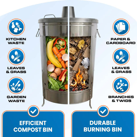 Outdoor 31 Gallon Burn Barrel For Trash Leaves And Paper Galvanized Steel Burn Can Cage Bin, showing compost and burning uses