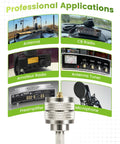 Image showcasing professional applications including antenna, CB radio, amateur radio, antenna tuner, preamplifier, and microphone.
