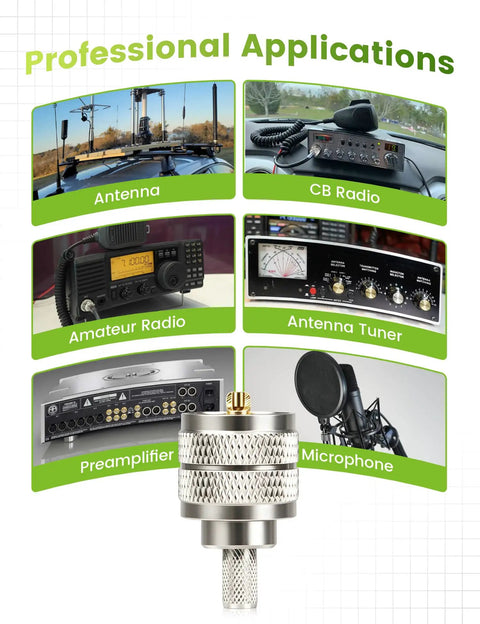 Image showcasing professional applications including antenna, CB radio, amateur radio, antenna tuner, preamplifier, and microphone.