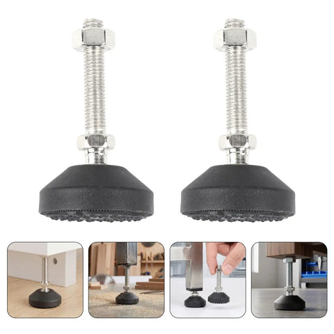 Six Pack Adjustable Leveling Feet With Lock Nuts For Cabinets And Lab Tables Rubber And Metal Construction For Vibration Absorption And Floor Protection M10x50mm Threaded Easy Height Adjustment On Uneven Floors shown in closeup.